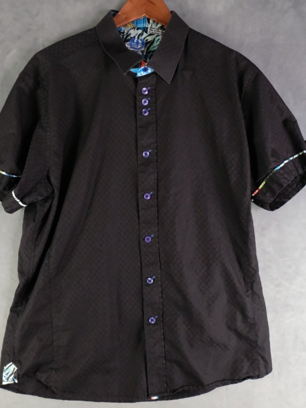 Au Noir Shirt Mens 5 Large Black Check Comic Book Placket Short Sleeve Button Up